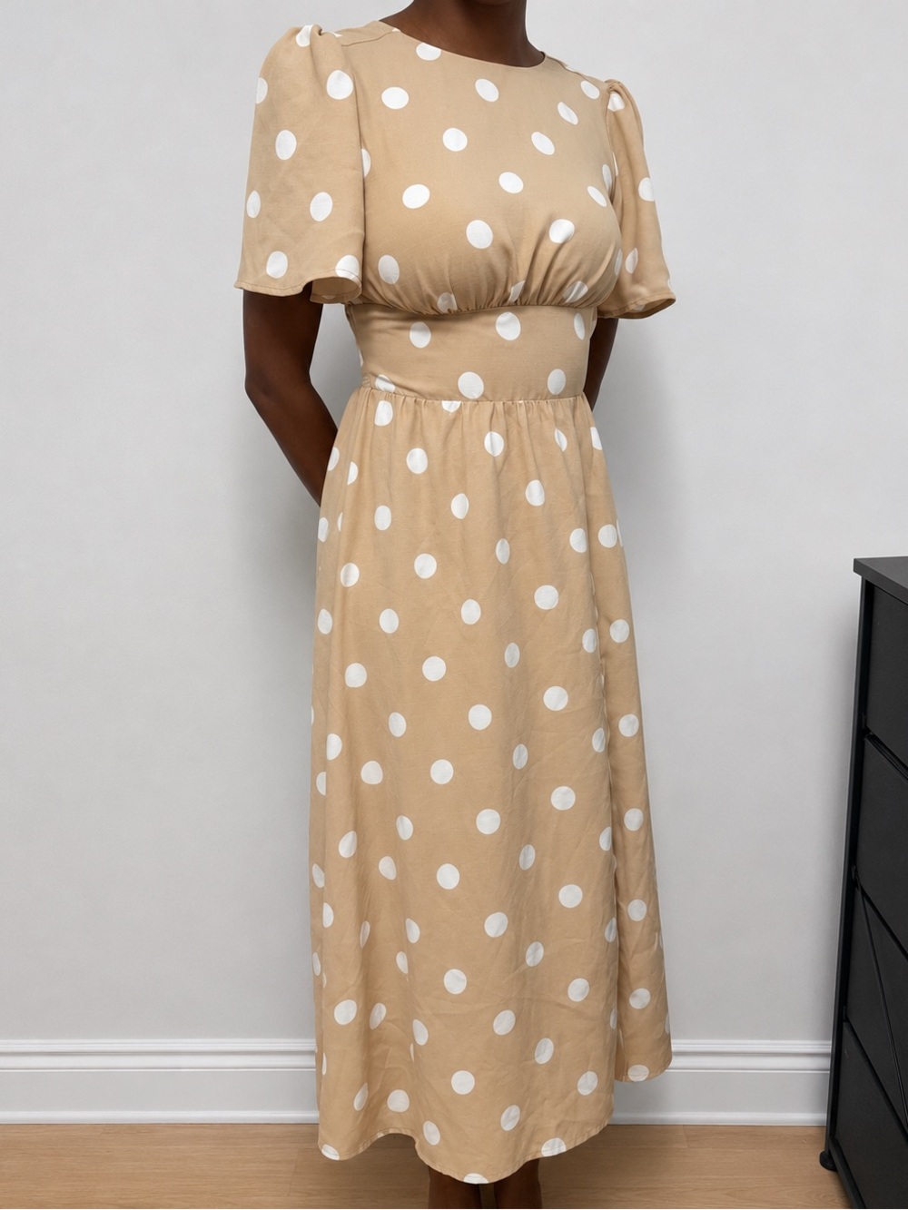Tinsel Beige Midi Dress with White Polka Dots